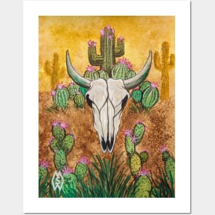 Bull skull with desert cactus Posters and Art